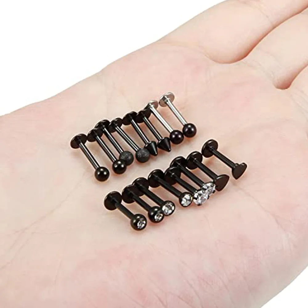 1-16pcs 16G Stainless Steel Lip Rings Studs Medusa Labret Monroe Tragus Helix Cartilage Forward Earrings Piercing Jewelry Black 6