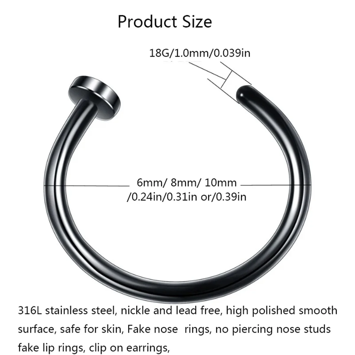 2/10pcs 20G Fake Nose Rings for Women Men,316L Stainless Steel Clip On Lip Rings Labret Ring Nose Piercing Jewelry 3
