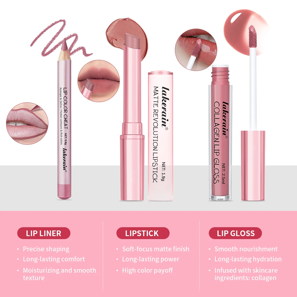 Lipliner&Lipstick Lip Gloss Set 3pcs/set Waterproof Long Lasting Lip Makeup Matte Travel Mini Set Women's Makeup Cosmetics 6