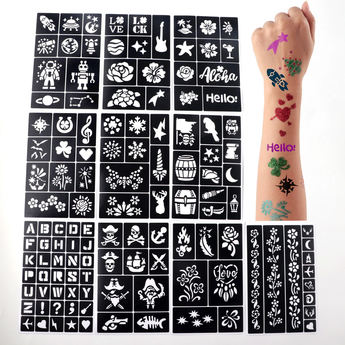 Temporary Tattoo Stencil Templates Set Reusable DIY Painting for Face and Body Art, Christmas Eve Gifts Party Favor Supplies 5