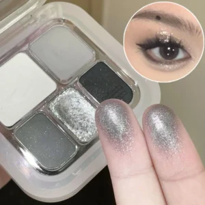 5-Color Punk Smokey Eye Makeup Eyeshadow Palette Silvery White Cement Gray Dark Black Matte & Shimmer Lasting Party Makeup 1