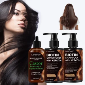 Biotin Shampoo & Conditioner Set with Keratin and Nourishing Hair Serum – 200g+200g+120ml. This trio features Castor, Rosemary, 1