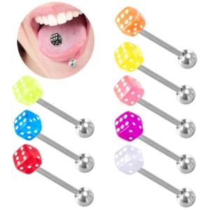 2pcs Good Luck Dice Tongue Ring Surgical Steel Tongue Piercing Barbell Colorful Labret Stud Bar for Women Men Body Jewelry 14G 1