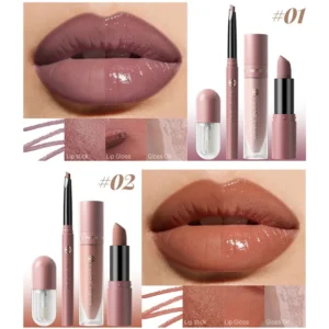 4pcs/Set Long Lasting Waterproof Lip Makeup Kit - Soft Smooth Creamy Lipliner Lipstick & lip gloss lip oil Set 1