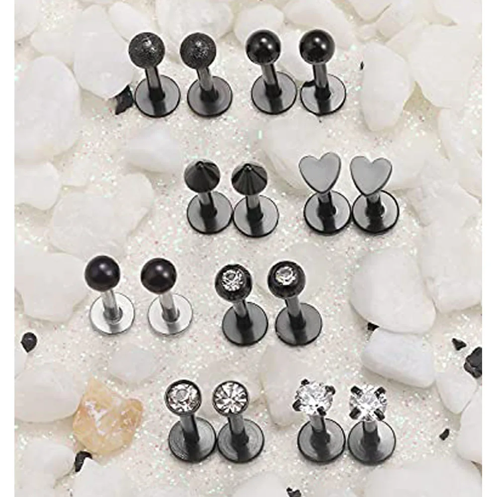 1-16pcs 16G Stainless Steel Lip Rings Studs Medusa Labret Monroe Tragus Helix Cartilage Forward Earrings Piercing Jewelry Black 4