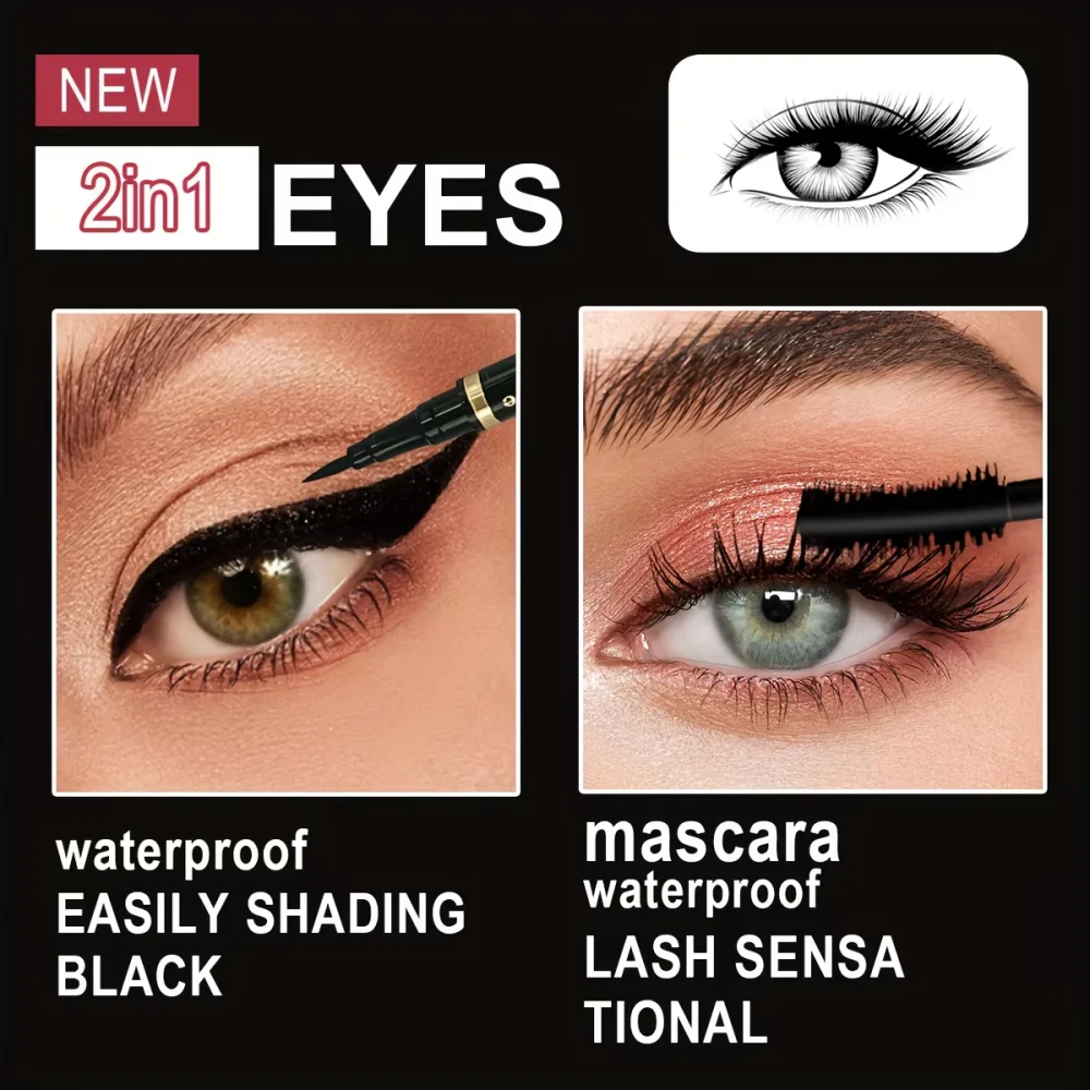 Mascara with Eyeliner Combo Black Slim Drawing Line Smooth Definition Long Lasting Waterproof Eye Makeup 2 Pcs Set 3