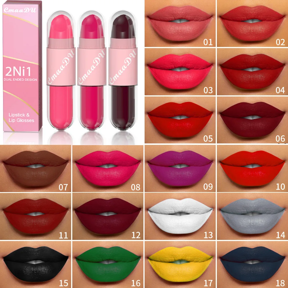 18 Colors 2 in 1 Matte Lipstick Liquid Purple Lip Glaze Double Head Lip Makeup Lasting Waterproof Velvet Sexy Dark Red Lipsticks 3