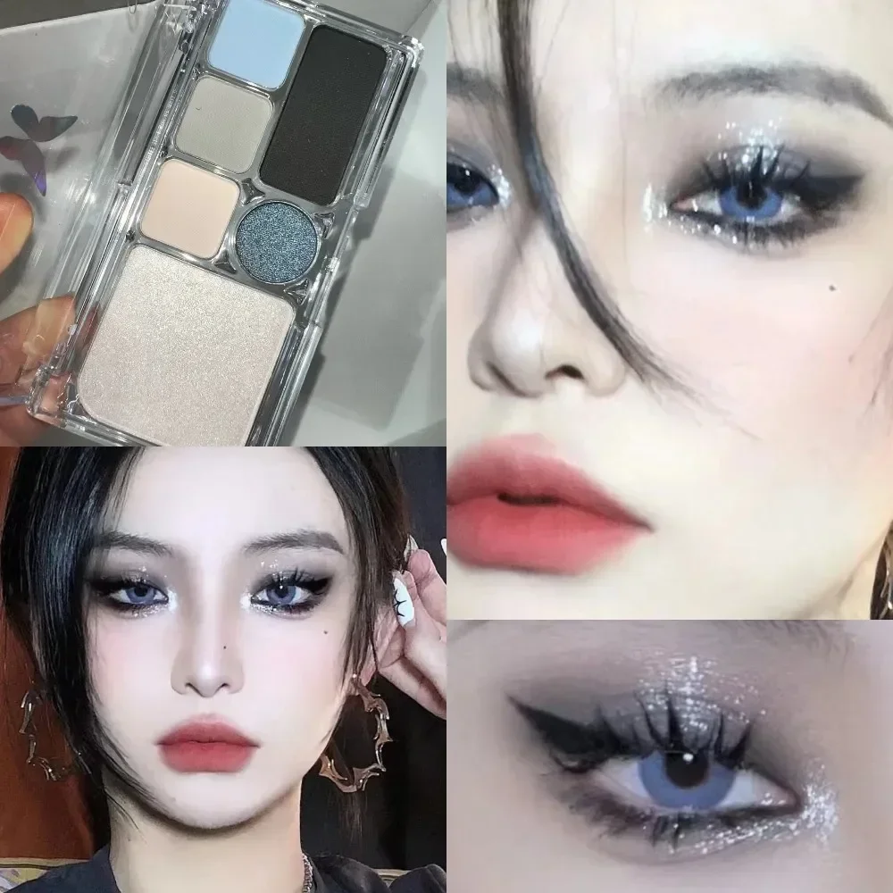 6 Colors Eye Shadow Palette Punk Smoky Black Glitter Pearly Eyeshadow Palette Korean Shiny Blue Eyeshadow Contour Blush Makeup 4