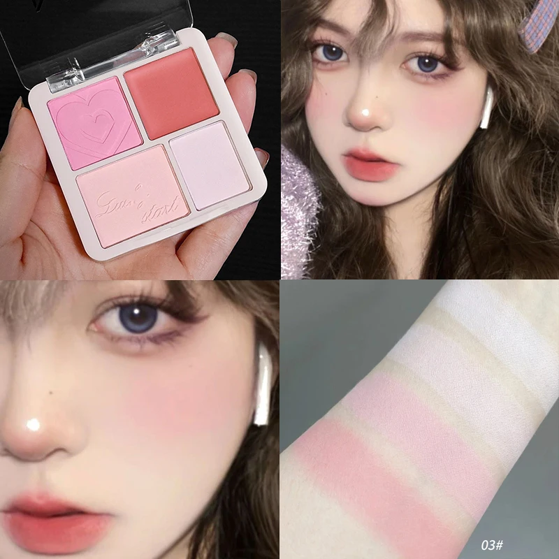 4 Color Pink Peach Blush Powder Cream Palette Highlighter Matte Expanding Color Brightening Face Blusher Rouge Makeup Cheek Tint 3
