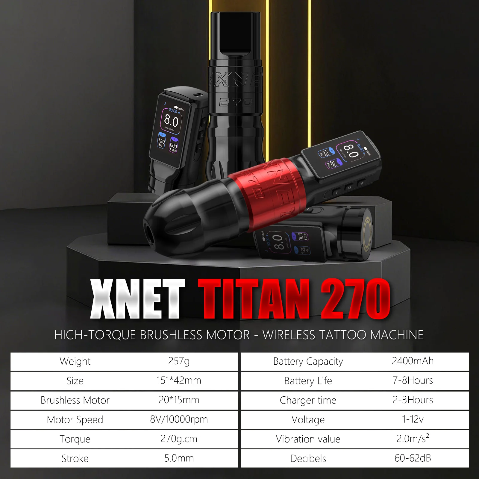 XNET Titan270 Wireless Tattoo Machine Full Kit Brushless Motor 4.0+5.0mm Stroke 40pcs Mixed Cartridges Tattoo Pen Set For Tattoo 6