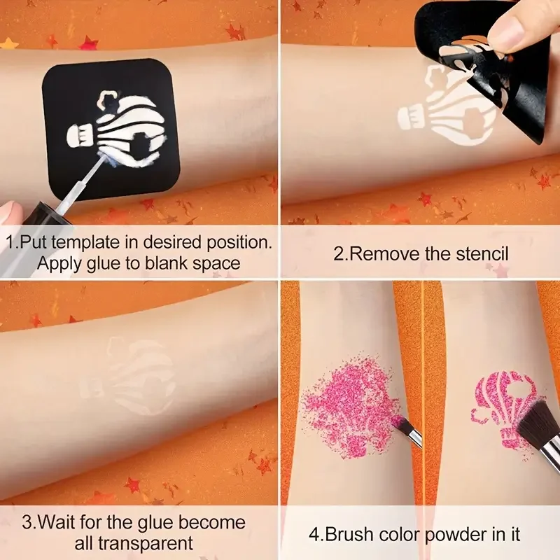 Reusable Temporary Tattoo Set with Body Glue, Multipurpose Stencil Kit for Glitter, Body Adhesive for Eyes, Face, Skin, Carnival 4