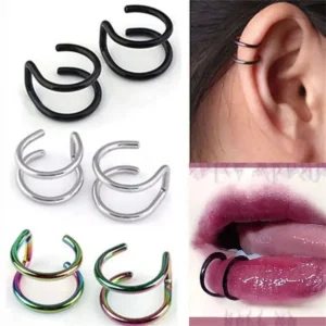 2pcs 316L Stainless Steel Fake Ear Piercing Jewelry for Women Men, Clip on Ear Cuffs Fake Lip Ring Non Piercing Labret Rings 1