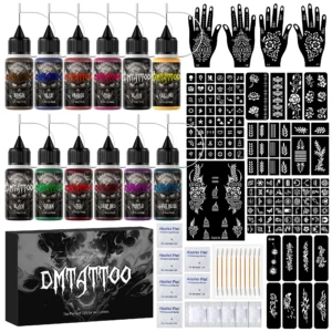 Temporary Tattoo Kit Semi Permanent Tattoo 6/12 Bottles Color Temporary Tattoo Ink 145/176 Pcs Stencils Kit for DIY Fake Tattoos 1