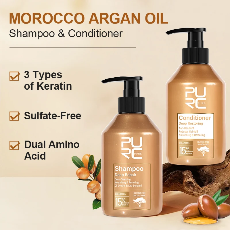 PURC Repair Damaged Hair Treatment Morocco Argan Oil Amino Acid Keratin Smoothing Sulfate-Free Shampoo Conditioner Set Hair Car 2