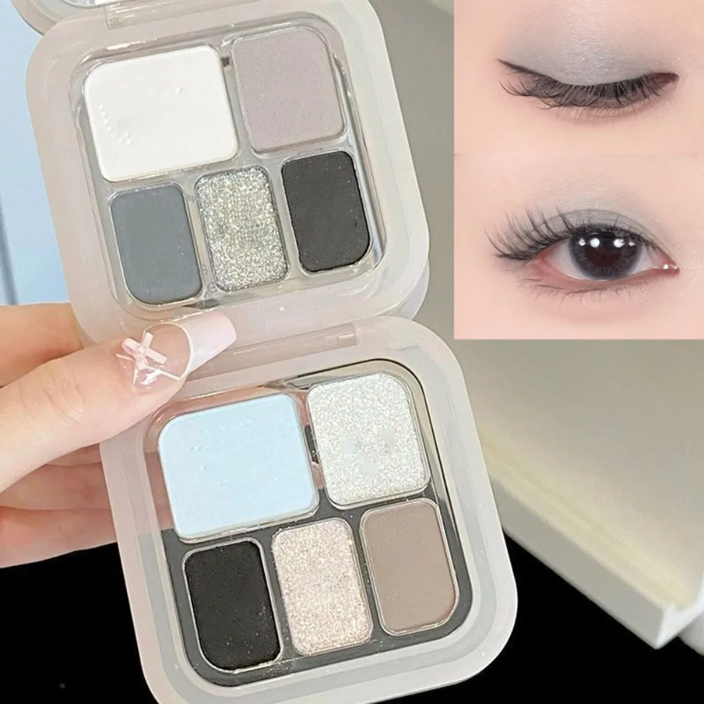 5-Color Punk Smokey Eye Makeup Eyeshadow Palette Silvery White Cement Gray Dark Black Matte & Shimmer Lasting Party Makeup 3