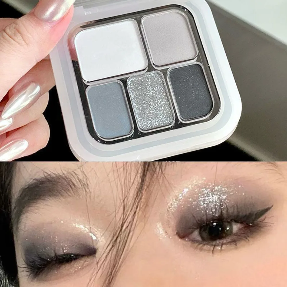 5-Color Punk Smokey Eye Makeup Eyeshadow Palette Silvery White Cement Gray Dark Black Matte & Shimmer Lasting Party Makeup 4