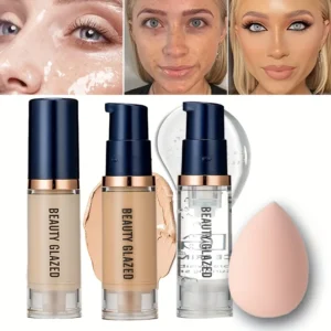 BEAUTY GLAZED 3Pcs Face Makeup Set,Matte Long lasting Waterproof Liquid Foundation+Primer+Puff 1