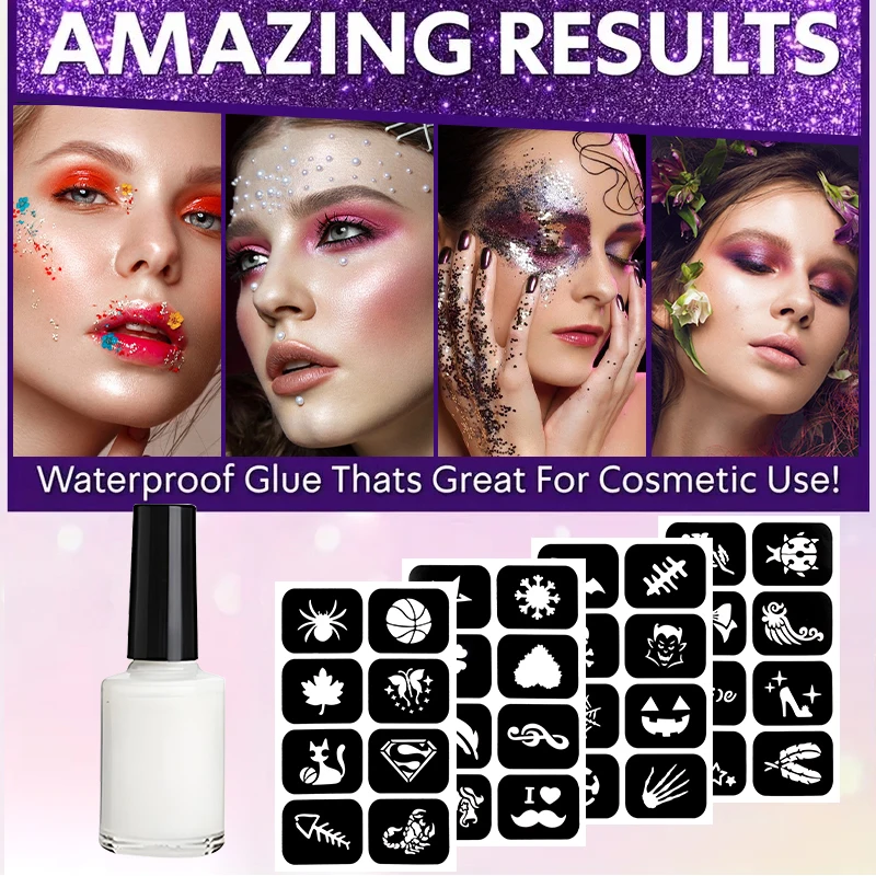 Reusable Temporary Tattoo Set with Body Glue, Multipurpose Stencil Kit for Glitter, Body Adhesive for Eyes, Face, Skin, Carnival 2