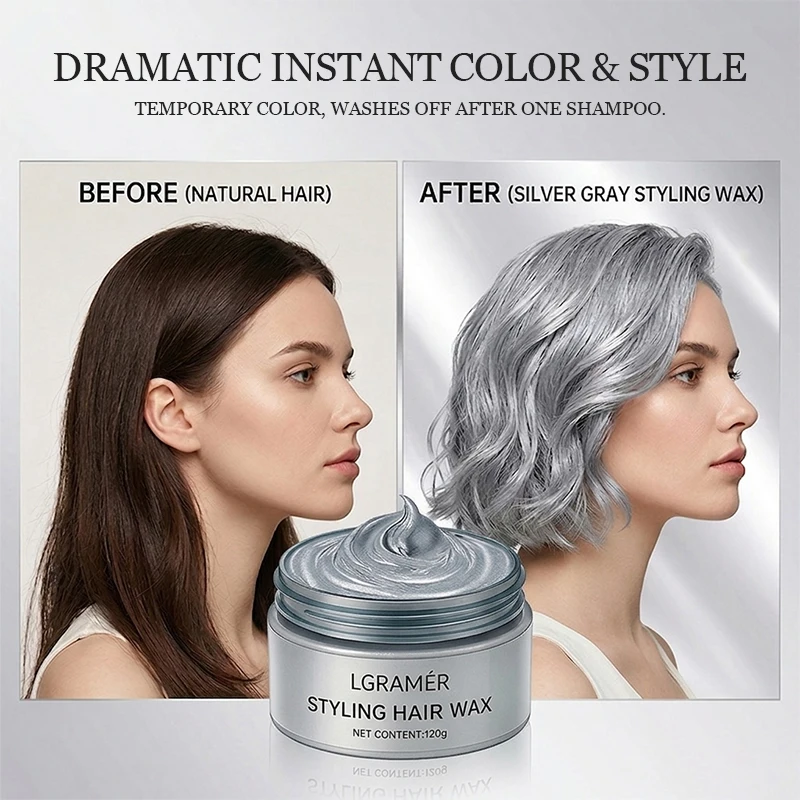 Silver Gray Temporary Hair Color Wax,Instant Natural Hairstyle Cream Dye for Youth,Disposable Coloring Mud for Cosplay Halloween 2