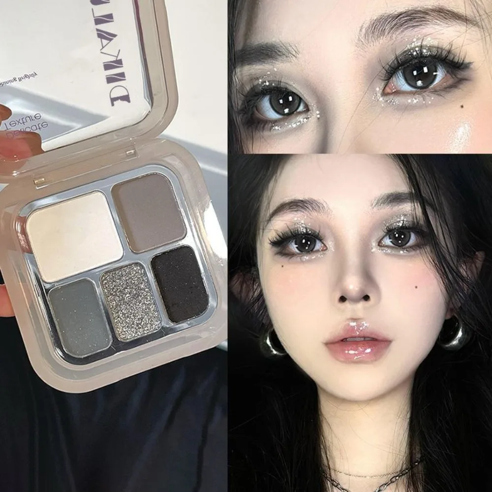 5-Color Punk Smokey Eye Makeup Eyeshadow Palette Silvery White Cement Gray Dark Black Matte & Shimmer Lasting Party Makeup 2