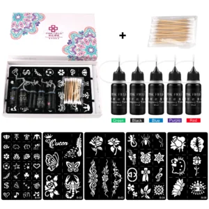 Hena Temporary Tattoo Kit 10ml X 5 Bottles - 5 Colors Unisex Tattoo Supplies Full Set with 5 Stencil Designs for Women Men 1