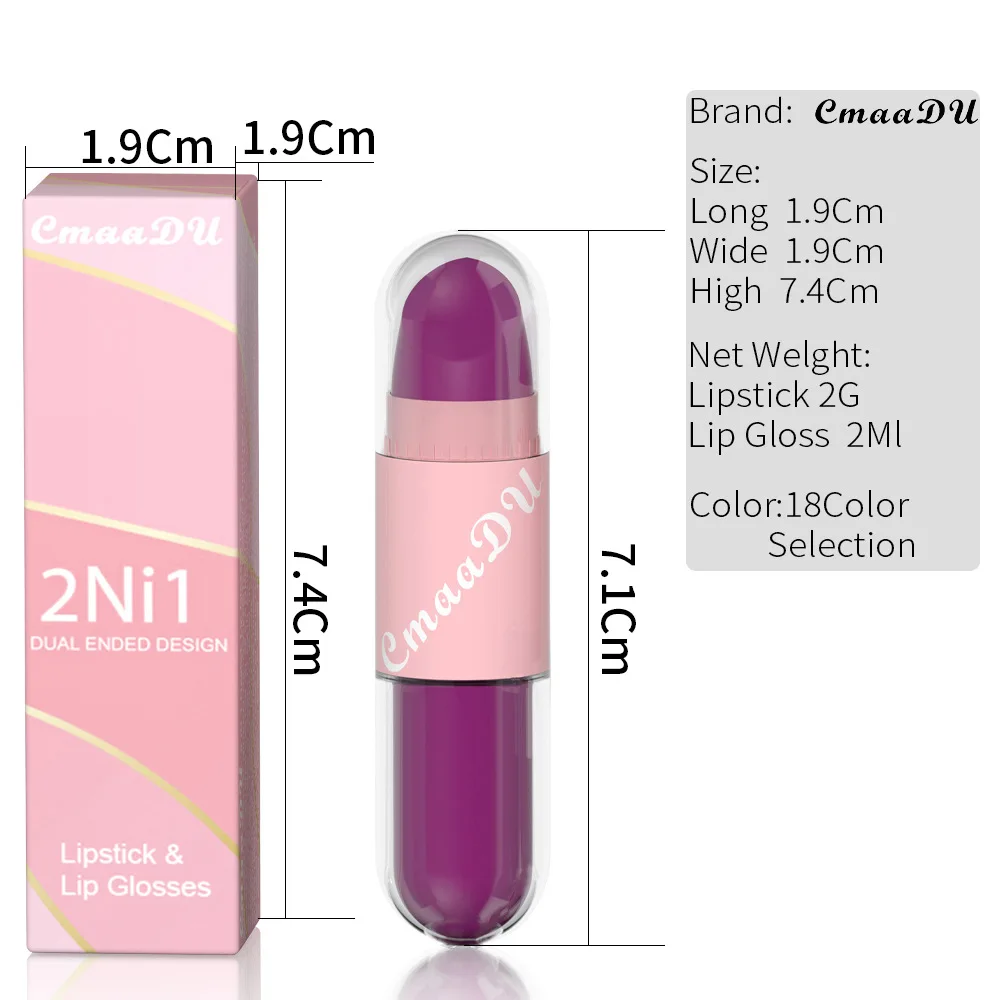 18 Colors 2 in 1 Matte Lipstick Liquid Purple Lip Glaze Double Head Lip Makeup Lasting Waterproof Velvet Sexy Dark Red Lipsticks 6