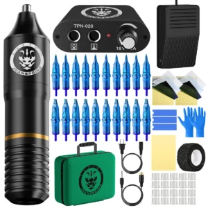 Wireless Black/Green Tattoo Machine Set with 1350mAh Wireless Tattoo Power Supply Complete with Cartridge Needles Ink Cup 1
