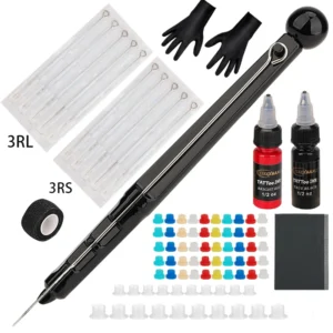 1 Set Hand Poke Pen and Stick Tool Tattoo Needle Holder 15ml black and redTattoo Ink Cup Pigment Glover Grommet Bandage Kit 1