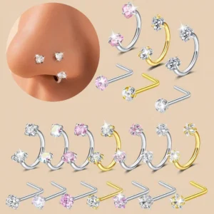 6/2pcs Horseshoe Nose Rings With L-Shape Nose Stud, Stainless Steel Rianbow CZ Nose Ring,, Lip Eyebrow Helix Ear Piercing 1