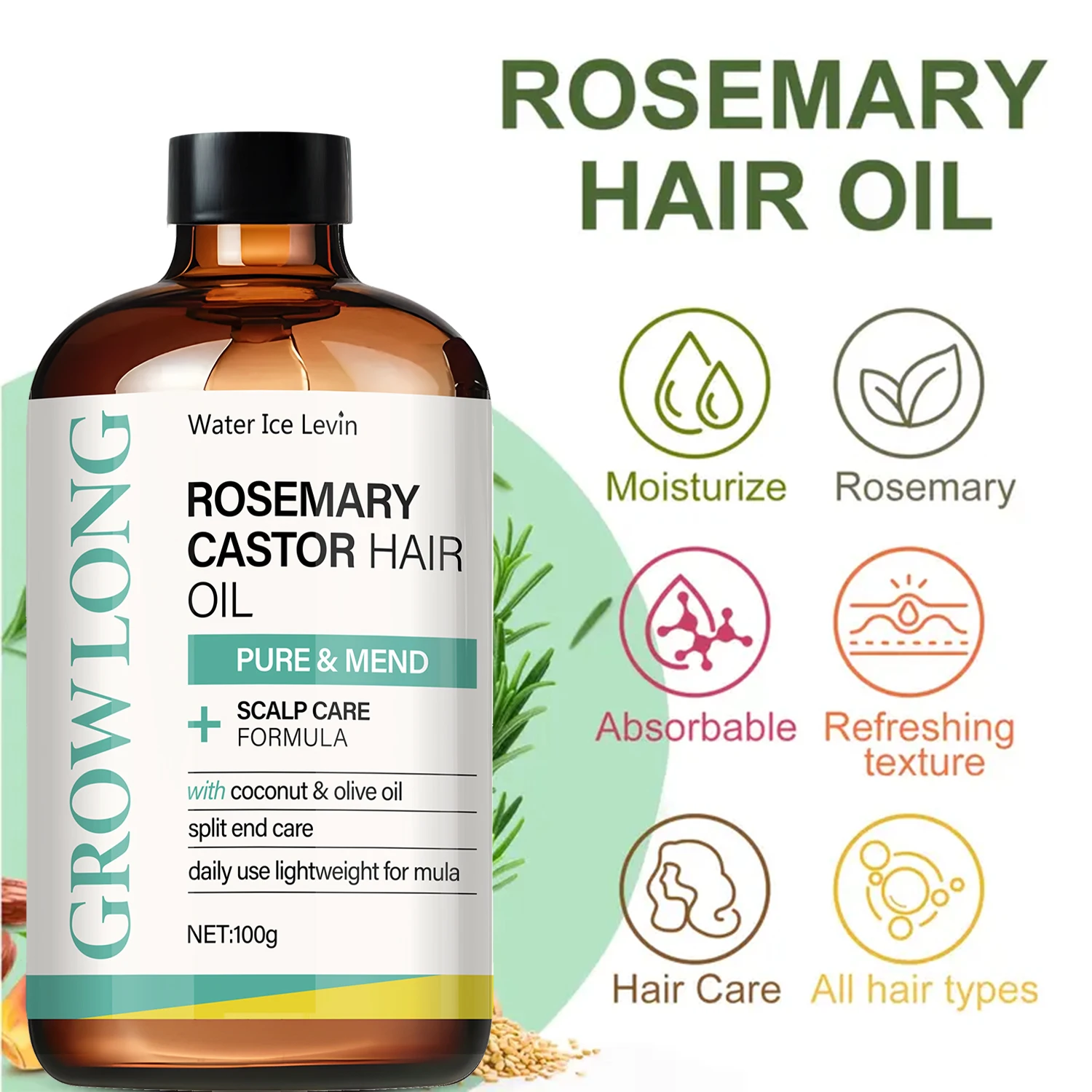 Rosemary Castor Hair Oil - Scalp Care & Split End Repair, Coconut Olive Oil Lightweight Blend, Winter Therapy 5