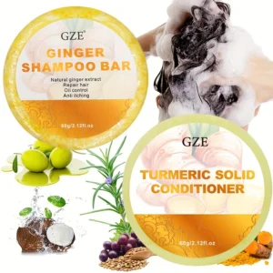 GZE Ginger Shampoo Bar Soap and Turmeric Solid Conditioner Hair Set for Thinning, Lock in Moisture & Shine and Control Frizz. 1