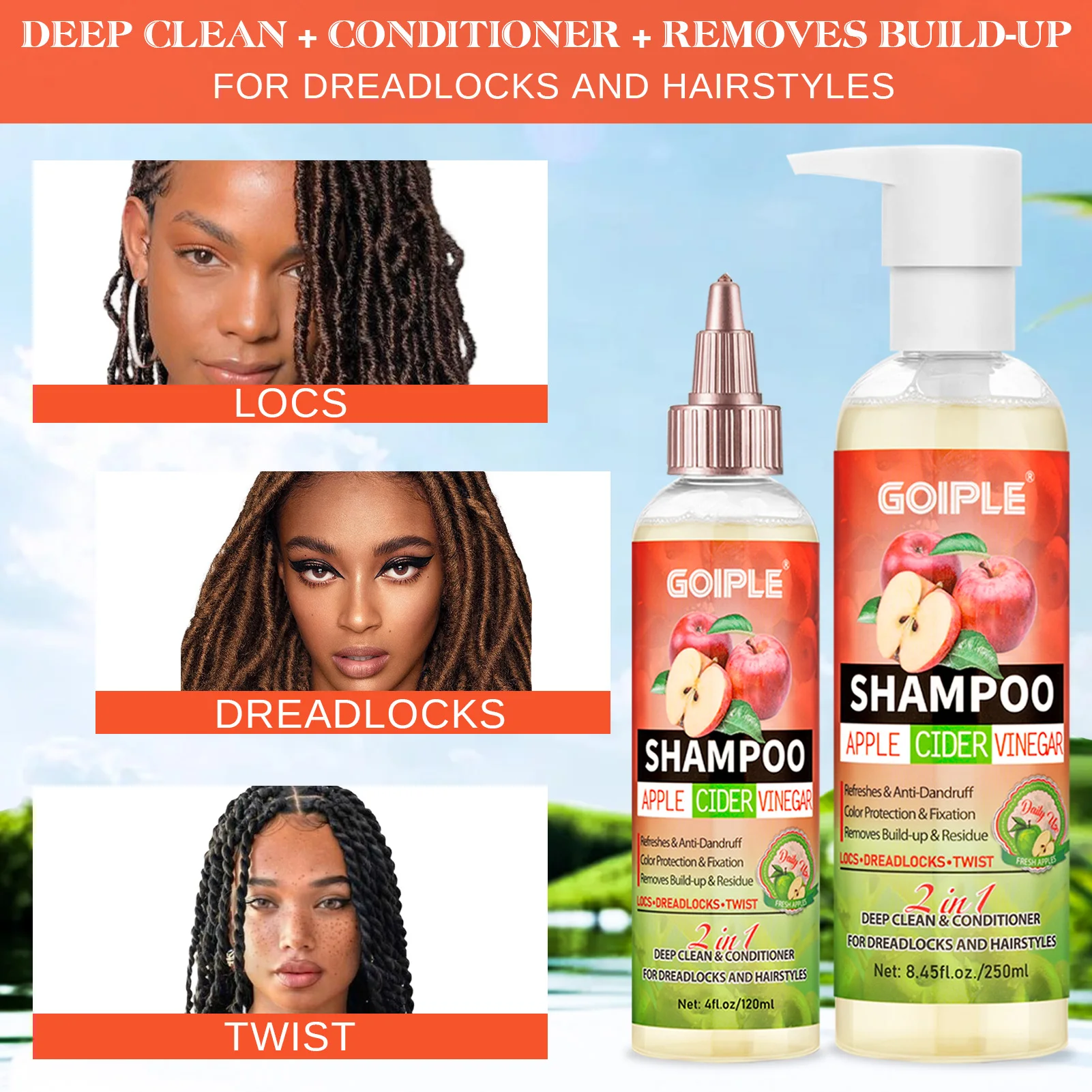 GOIPLE 2 in 1 Apple Cider Vinegar Shampoo Conditioner Refreshes Anti-Dandruff Hair Deep Clean Scalp for Locs Dreadlocks Twist 4