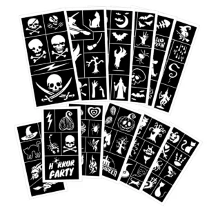 6 Sheets Halloween Theme Temporary Tattoos Stencils Set - Festive Holiday Themed Designs Fake Tattoo Including with Spooky Pumpk 1