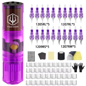 Tattoo Kit POSEIDON High Power Tattoo Pen Kit For Permanent Makeup Tattoo Machine Kit Hot Purple Tattoo Power Supply Tattoo Gun 1