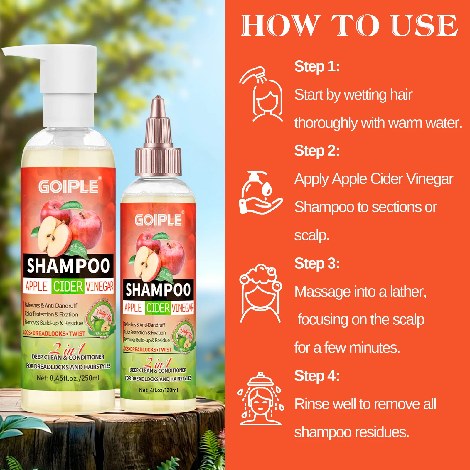 GOIPLE 2 in 1 Apple Cider Vinegar Shampoo Conditioner Refreshes Anti-Dandruff Hair Deep Clean Scalp for Locs Dreadlocks Twist 3