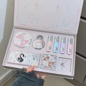 NICEKEY Pink Ballet Makeup Sets Include 4 Lip Mud,1 Blush,1 Pressed Powder,1 Eyes Palette,1 Contour Palette With Necklace Gift 1