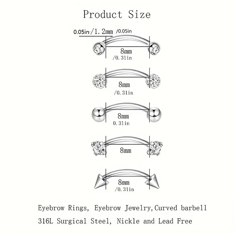 5 Pcs 16G Stainless Steel Curved Eyebrow Rings Barbells Piercing Jewelry Set Simple Designs for Eyebrow Ear, Belly, Lip, Body 3
