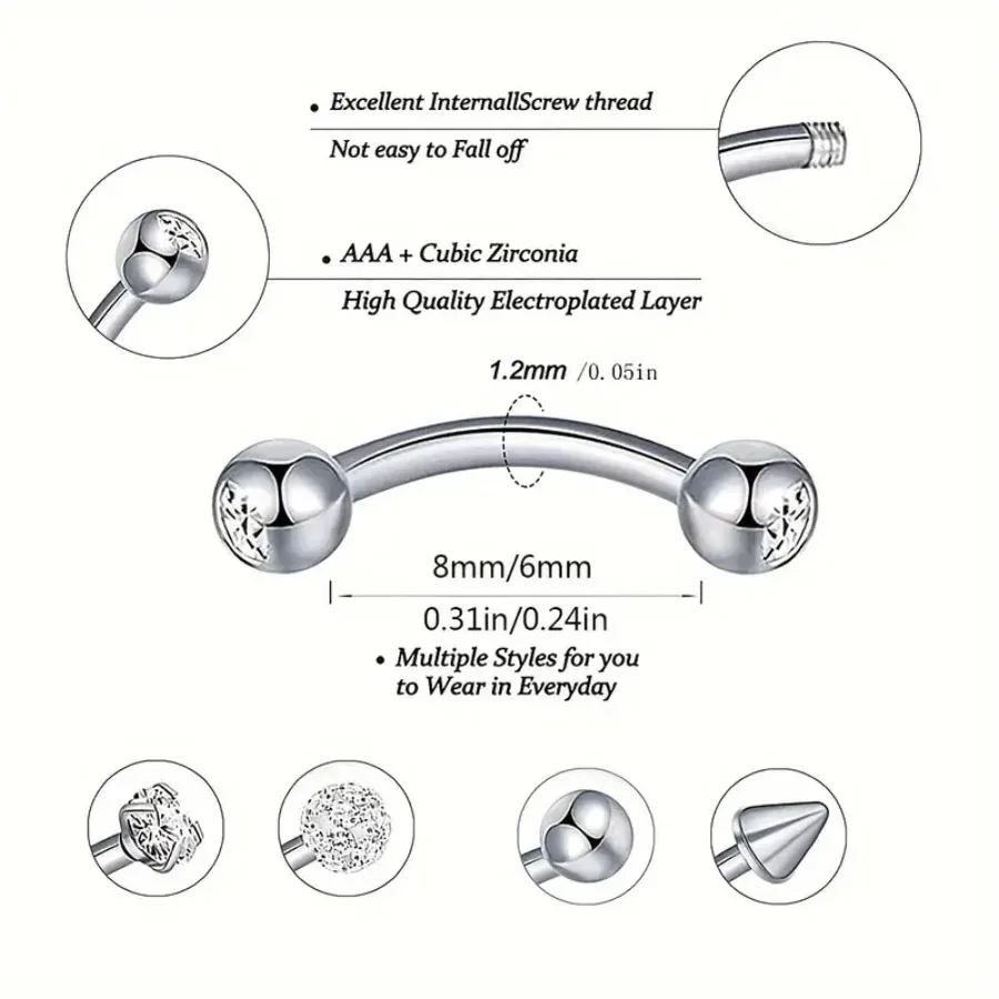 5 Pcs 16G Stainless Steel Curved Eyebrow Rings Barbells Piercing Jewelry Set Simple Designs for Eyebrow Ear, Belly, Lip, Body 2
