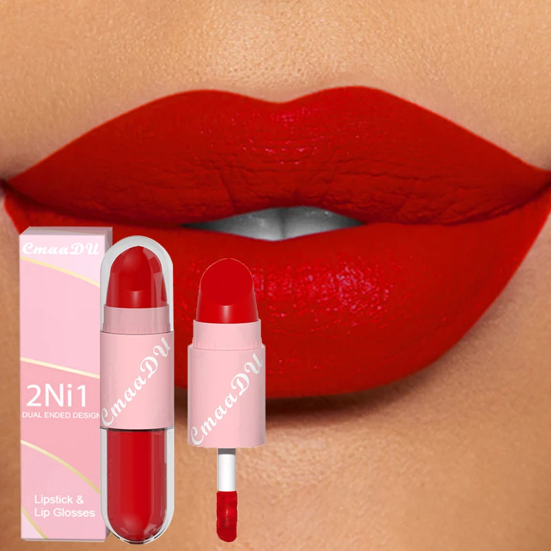 18 Colors 2 in 1 Matte Lipstick Liquid Purple Lip Glaze Double Head Lip Makeup Lasting Waterproof Velvet Sexy Dark Red Lipsticks 2