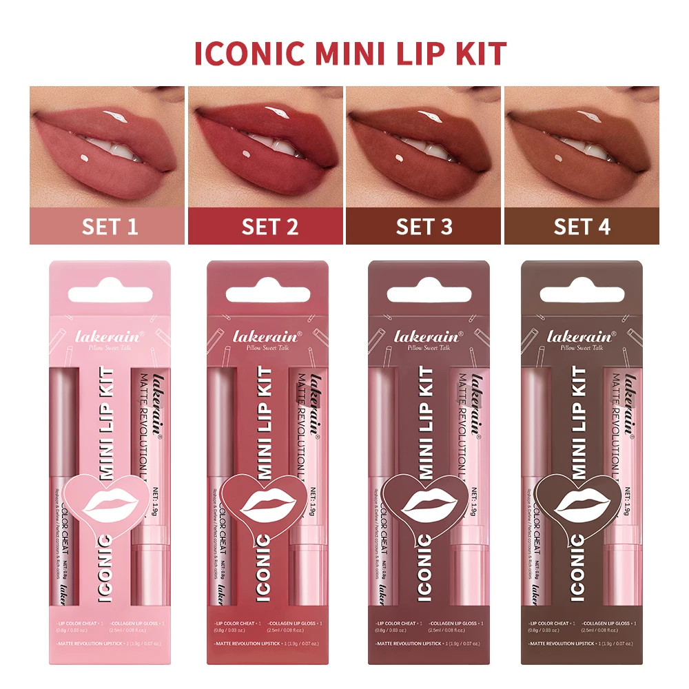Lipliner&Lipstick Lip Gloss Set 3pcs/set Waterproof Long Lasting Lip Makeup Matte Travel Mini Set Women's Makeup Cosmetics 2