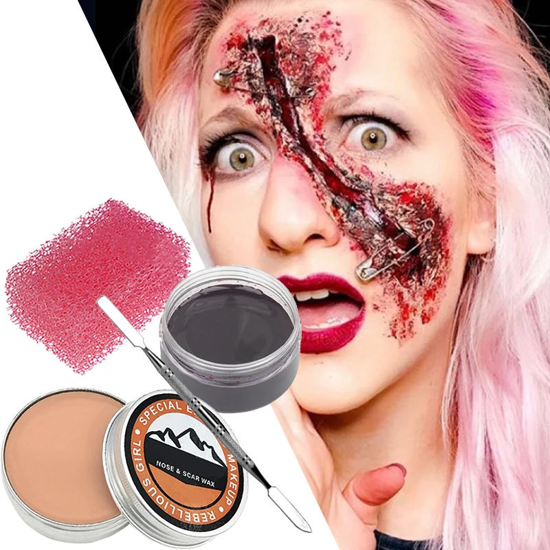 SFX Makeup Kit Scars Wax Halloween Special Effects Stage Fake Wound Skin Wax with Spatula Stipple Sponge Fake Wood Special 2
