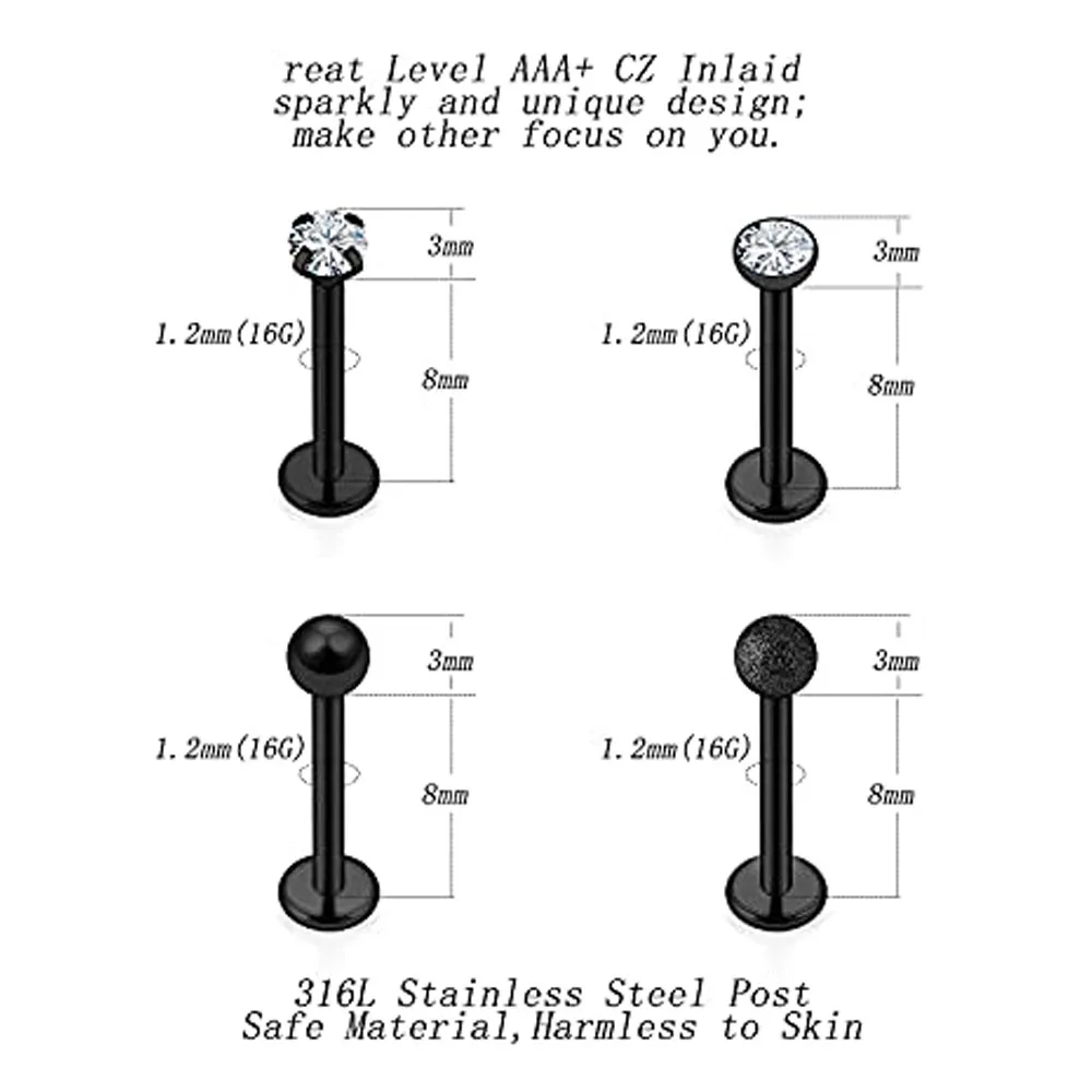 1-16pcs 16G Stainless Steel Lip Rings Studs Medusa Labret Monroe Tragus Helix Cartilage Forward Earrings Piercing Jewelry Black 5