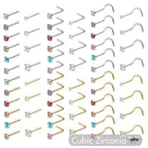 6/10Pcs CZ Gem Surgical Stainless Steel Nose Rings Nostril Piercing Studs Jewelry S L Bone Shape Multi Color Round Crystal 20g 1