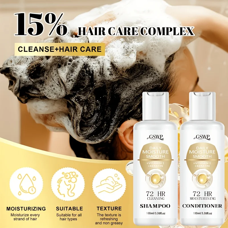 GSWP 72-Hour Moisturising Shampoo and Conditioner Set, enriched with keratin for deep hydration, Ideal as a gift. 100ml + 100ml 3