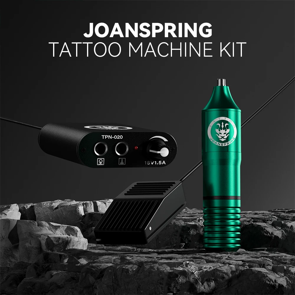 Wireless Black/Green Tattoo Machine Set with 1350mAh Wireless Tattoo Power Supply Complete with Cartridge Needles Ink Cup 5