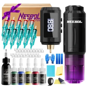 Neebol Tattoo Gun Kit Complete Set with Full Tattoo Supplies, Ultra lightweight Rotary Tattoo Machine With 1600mAh Battery, 10 Tattoo Needles, Extra Black Ink, Cordless Tattoo Pen Wireless, Translucent Design, Body Art Makeup Gift For Beginners & Artists 1