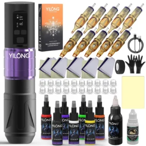 YILONG NIJIA Tattoo Machine Kit Complete Wireless Rotary Machine Pen Set with 1500MAH Power Supply Tattoo Gun Kit 1
