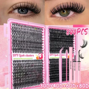 800PCS 30406080D Clusters Lashes Extension Kit, Length 9-16mm Natural Eyelashes,Cat eye,Bond and Seal,Tweezers,Brush,DIY At Home 1