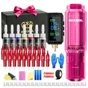 Neebol Tattoo Gun Kit Complete Gift Set, Portable Design, Cordless Tattoo Pen, 1600mAH Battery, 4 Memory Modes, Wireless Machine, 20/10 Red Cartridge Needles, Inks, Tattoo Supplies For Beginners & Artists, Body Art Makeup 1