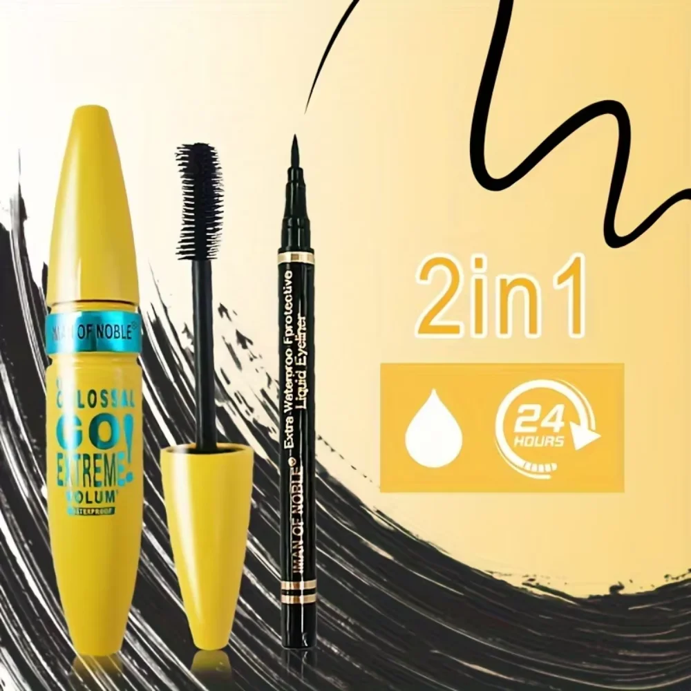 Mascara with Eyeliner Combo Black Slim Drawing Line Smooth Definition Long Lasting Waterproof Eye Makeup 2 Pcs Set 4